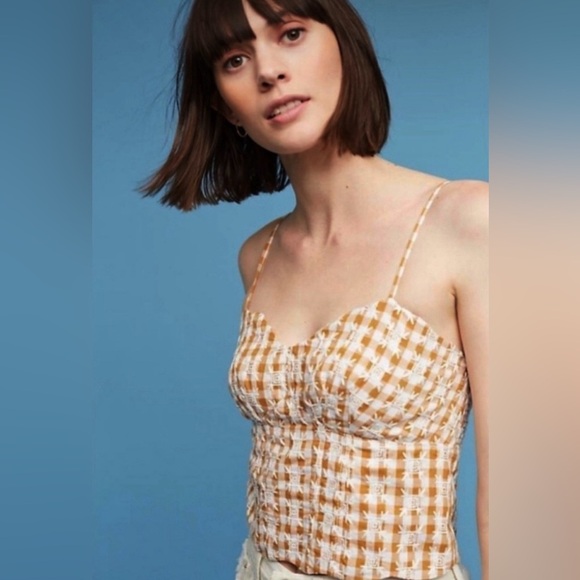 Anthropologie Gingham Smocked Crop Top Boho Cottagecore - Picture 1 of 8